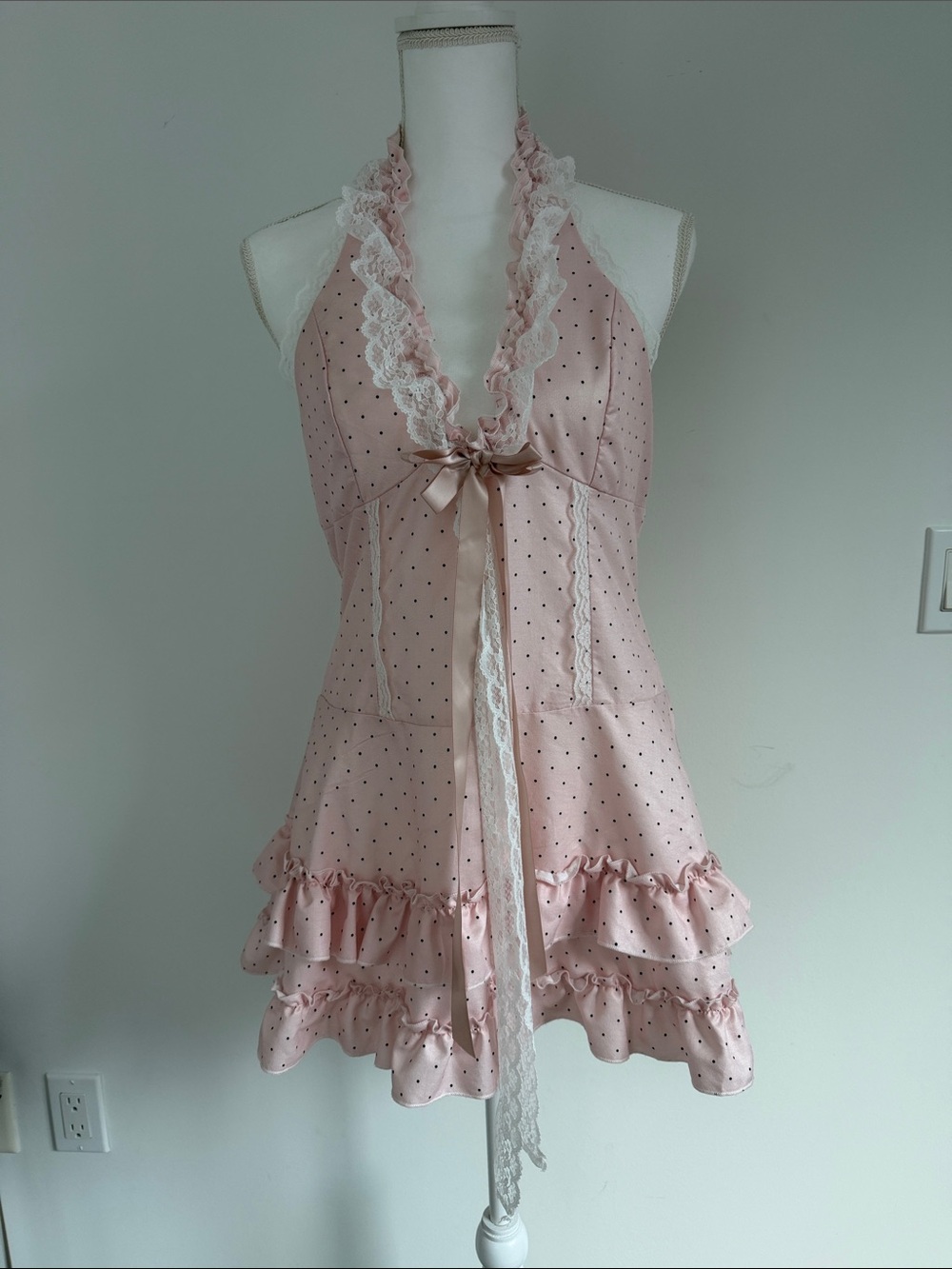 Lace-Trim Pink Polka Dot Halter Chemise